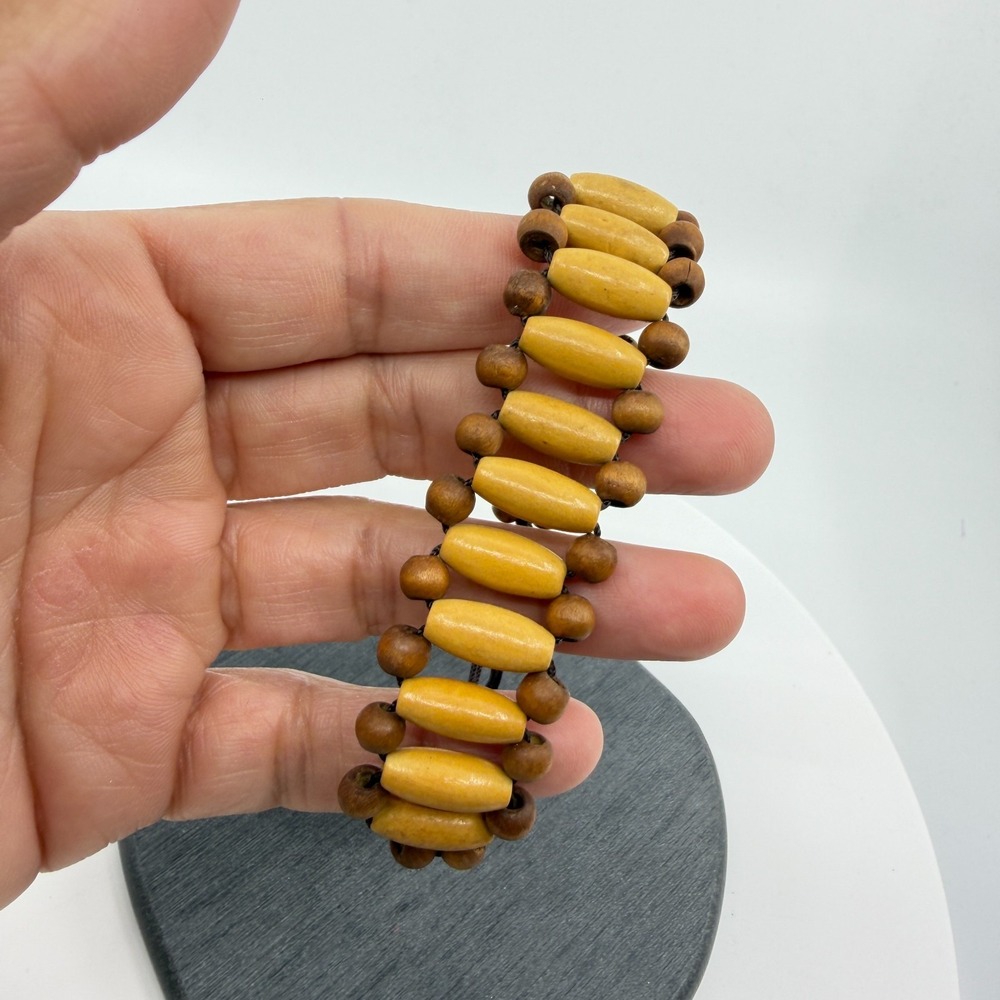 Wood Bead Adjustable Boho Statement Bracelet Natural Earth Tone Festival Chunky